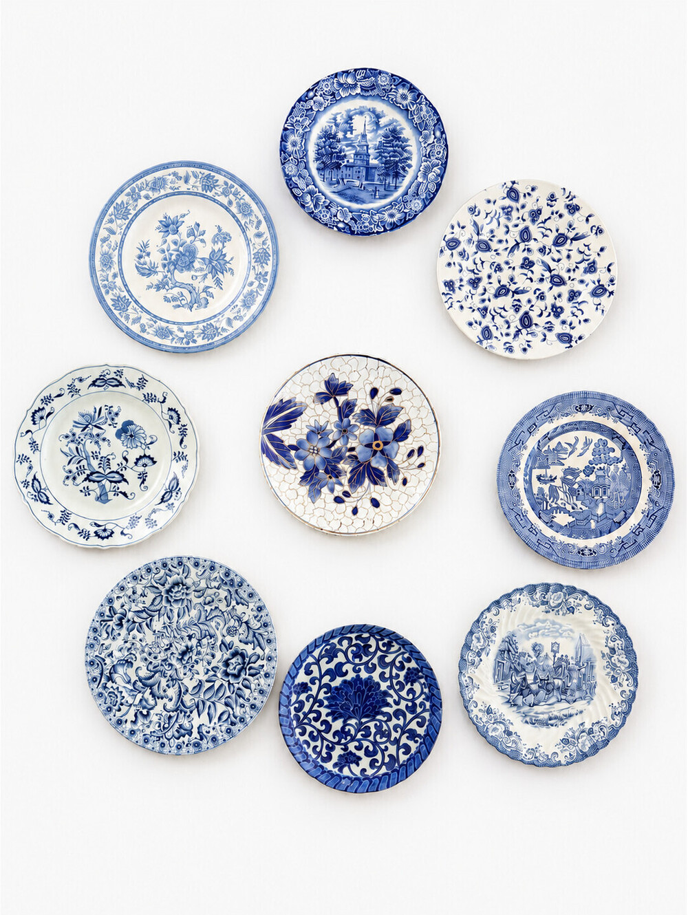 Blue & White Curated Holland Wall Plate Collection Lot of 9 Gallery Decor